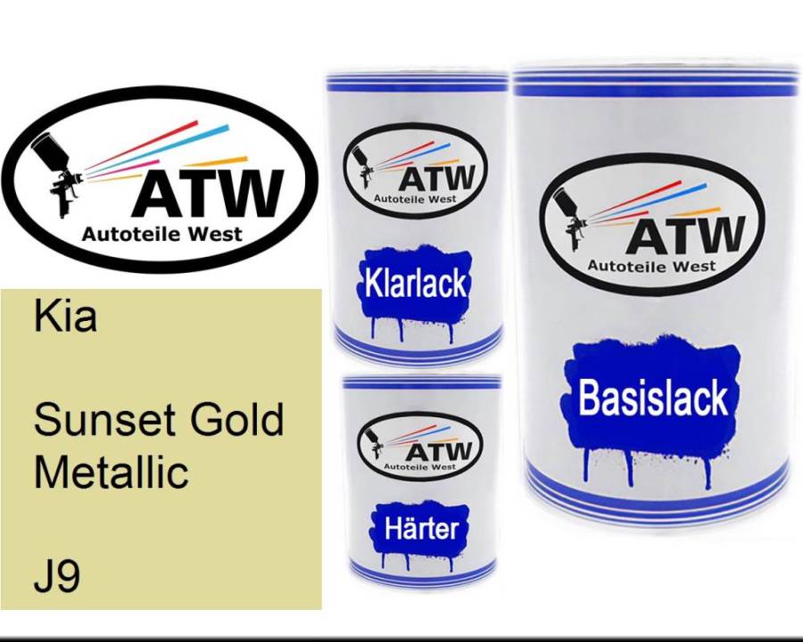 Kia, Sunset Gold Metallic, J9: 500ml Lackdose + 500ml Klarlack + 250ml Härter - Set, von ATW Autoteile West.
